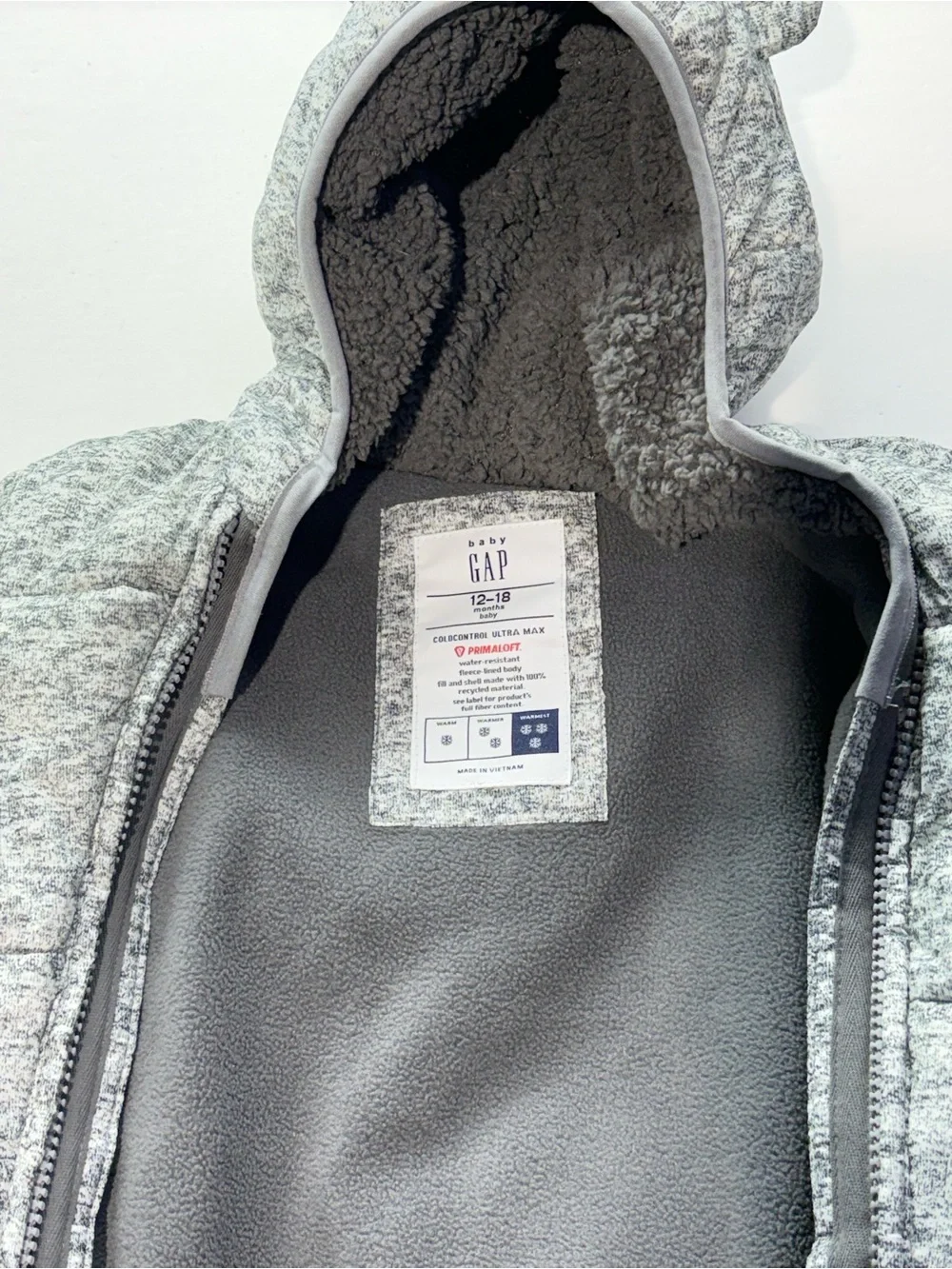 Baby Gap Cold Control Ultra Max, Heather Puffer Snowsuit with Bear-Ear Hood.
